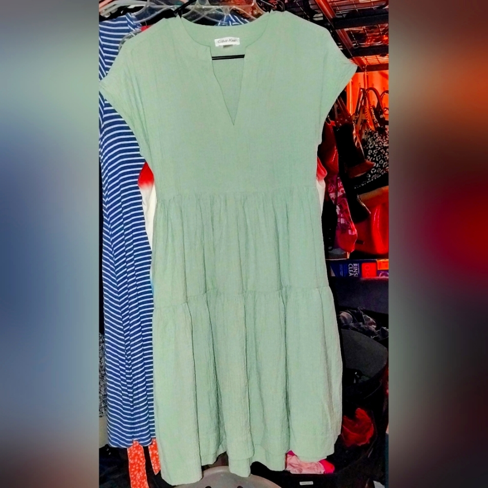 Calvin Klein Olive Green Tiered Boho Midi Dress